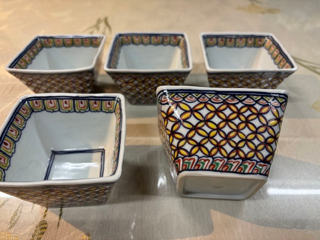 京焼清水焼 高木岩華作 七宝紋様角小鉢揃い（5個）