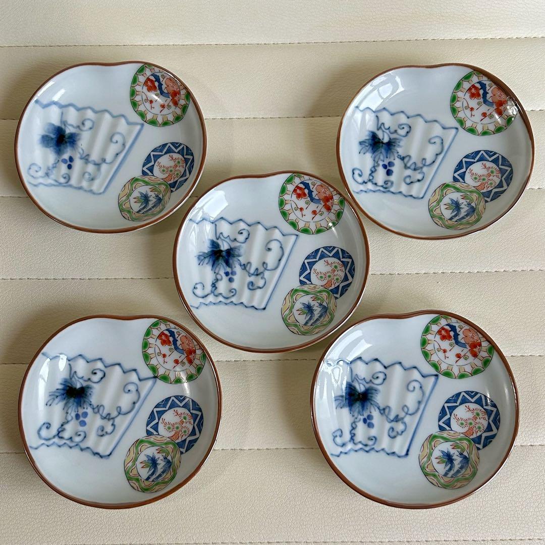 波佐見焼　林九郎窯　染付丸紋　小皿揃　5枚セット　豆皿　楕円皿　色絵　古伊万里