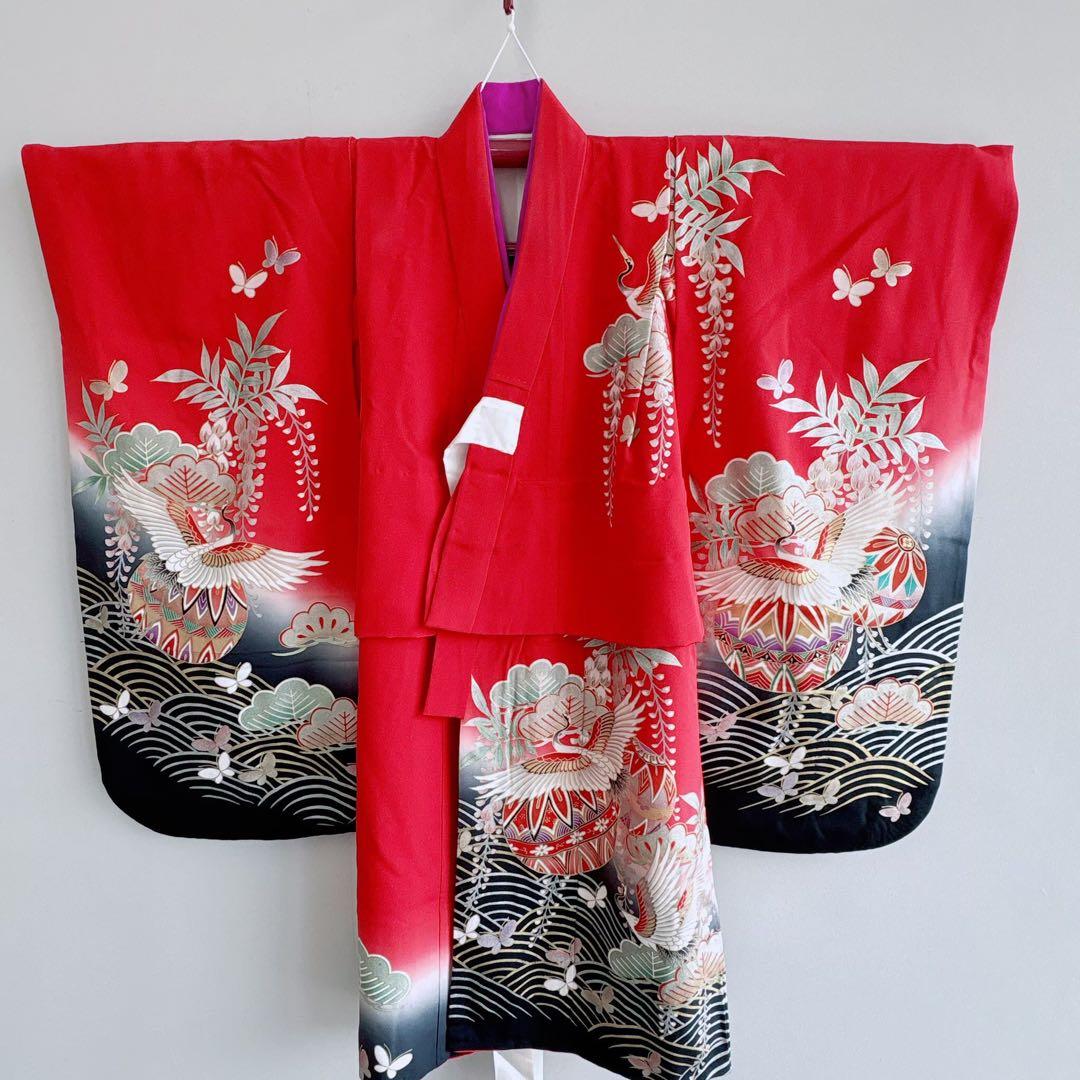 七五三　7歳女の子　フルセット　きもの　帯黒地　小物セット　簡単半襟　7280