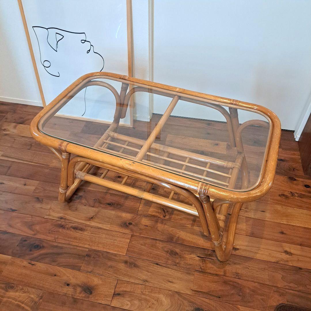 ナチュラル天然素材　ガラス天板×籐ラタンフレーム センターテーブル 籐家具