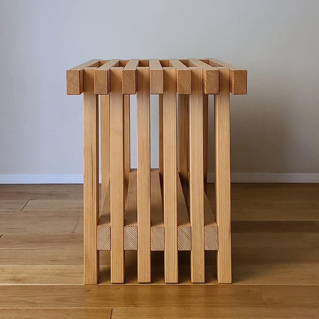 木製スラットデザインテーブル　格子　日本製　職人　サイドテーブル　花台　スツール