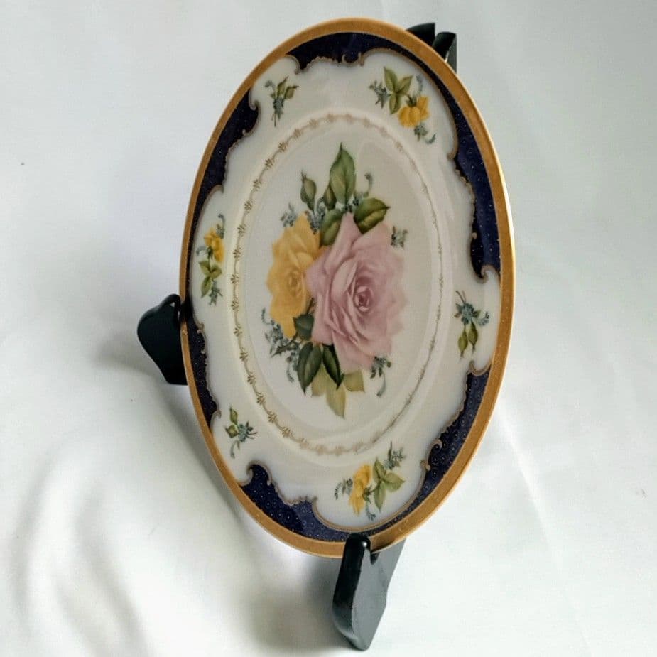 ☆美品手描き☆大倉陶園 ばらルリ金彩飾り皿 67h/9466(青)