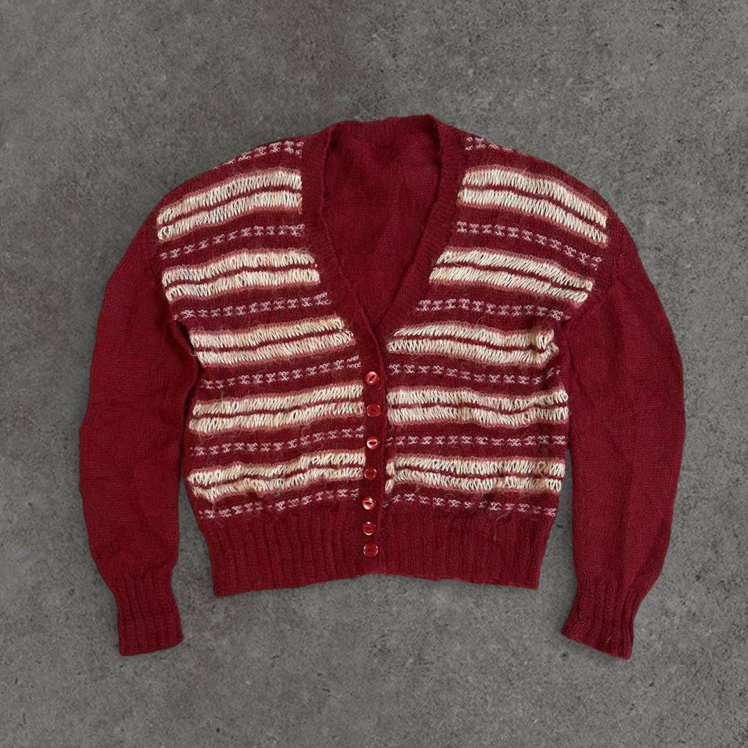 80〜90s モヘアカーディガン ストライプ ボタン多め 猫目ボタン