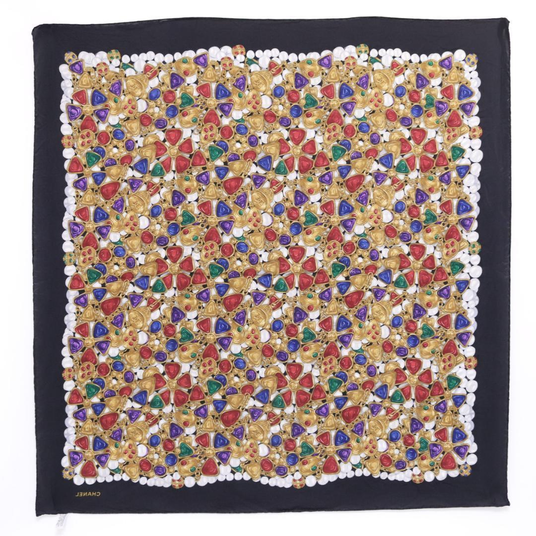 CHANEL グリポワ柄　シルク　スカーフ　ビジュー　大判　ストール　ココマーク