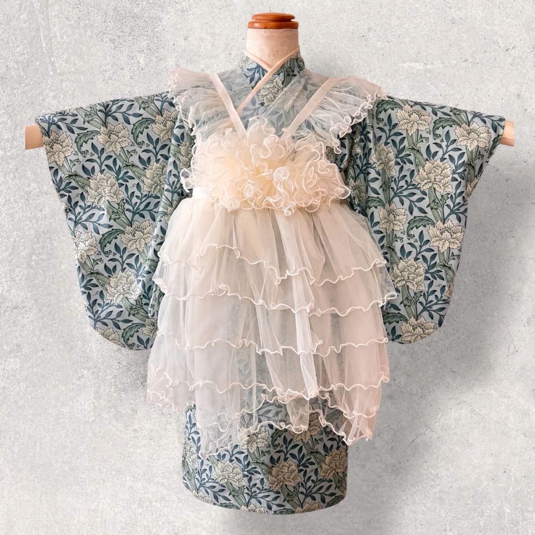 【新作】 七五三 着物 ハンドメイド ウィリアムモリス　女の子 被布 レース被布