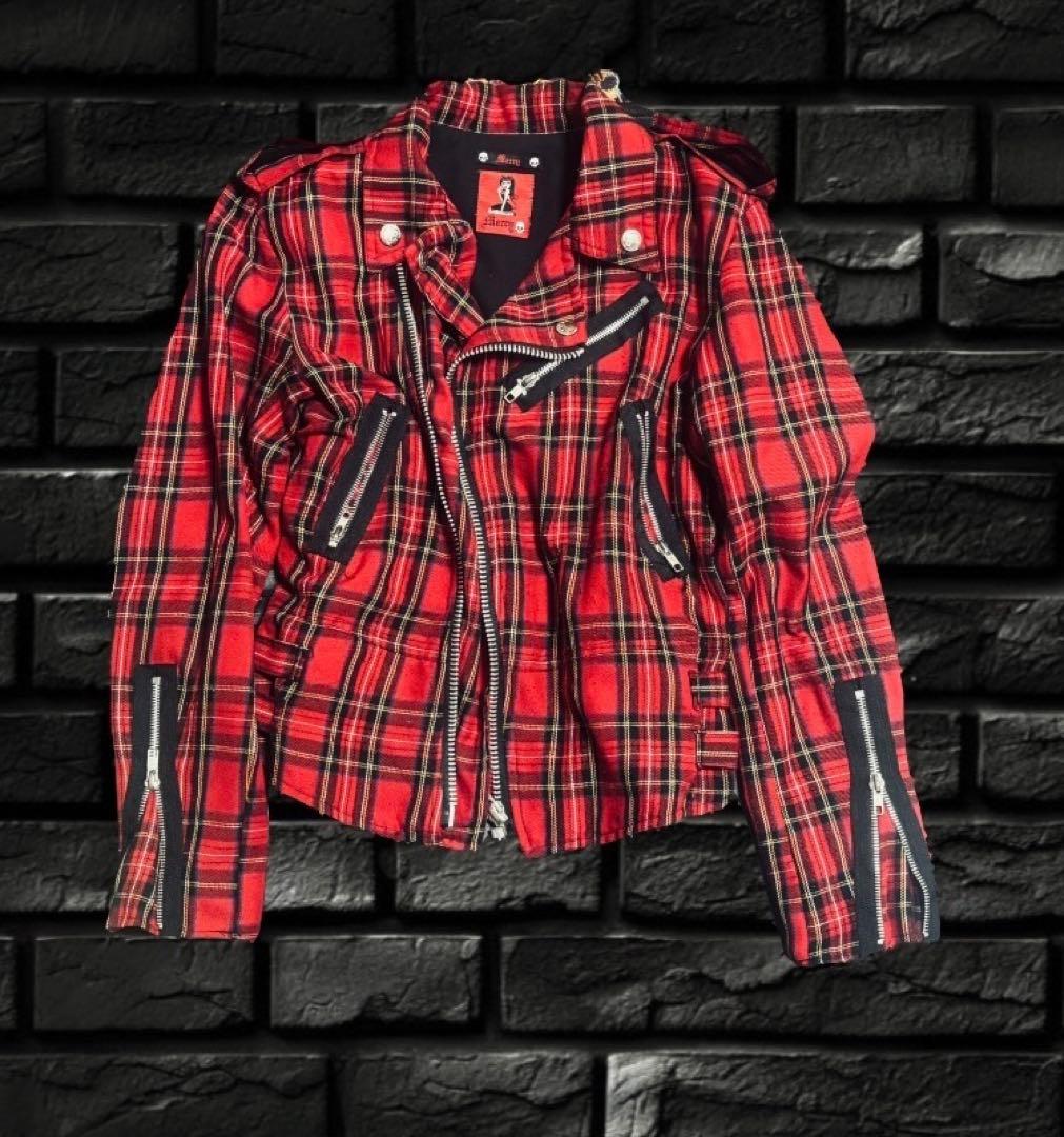 ダブルライダースジャケッ ト ，パンク 、赤黒チェック 、平成