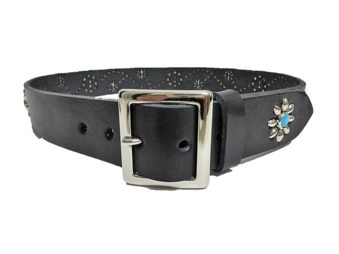 栃木レザー　フラワー型スタッズベルト　黒（ターコイズスポッツ）４０ｍｍ幅　一枚革