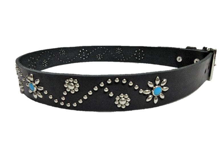 栃木レザー　フラワー型スタッズベルト　黒（ターコイズスポッツ）４０ｍｍ幅　一枚革
