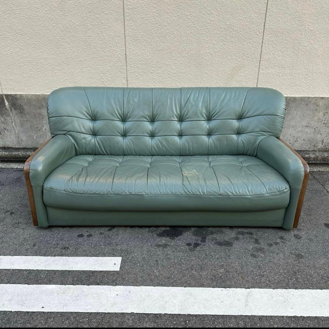 カリモク 本革　2P ラブソファ モスグリーン