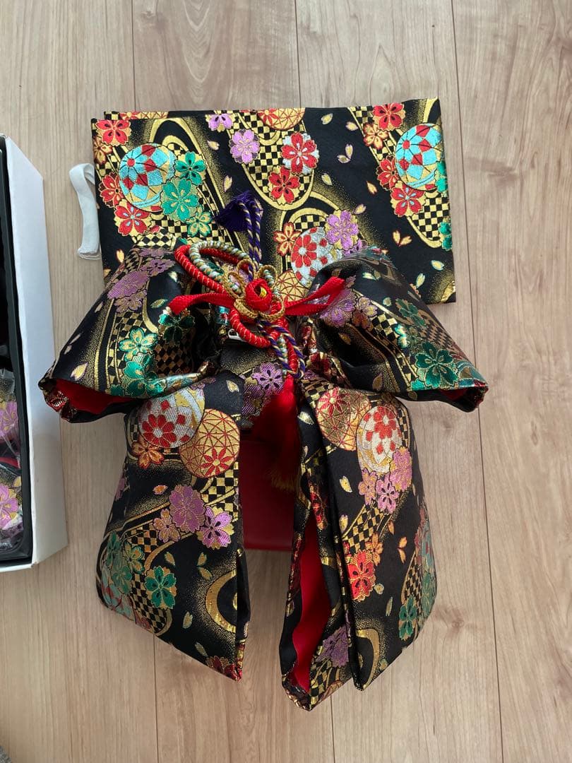 七五三 帯　バッグ　草履セット　黒　花柄