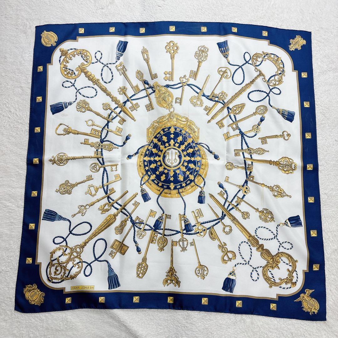 エルメス カレ90 Les Cles 鍵柄 シルク スカーフ ネイビー 金