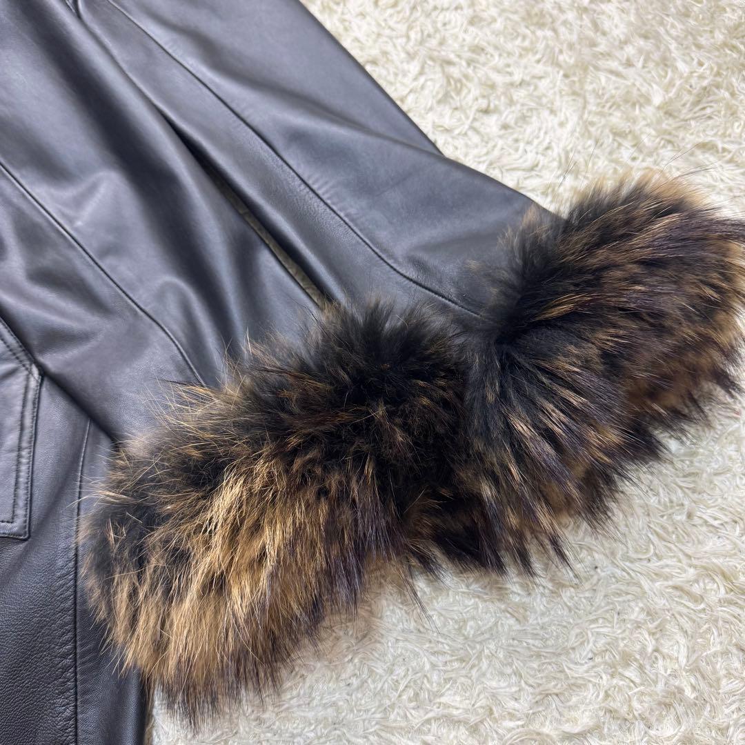 美品　バルマン　レザー　コート　ファー　フード　ラムレザー　羊革　ブラック　XL