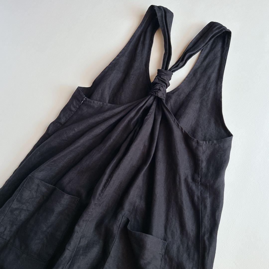YARRA ヤラ ⿻ バックシャン リネン サロペット 黒 ルーズ 麻 ゆったり