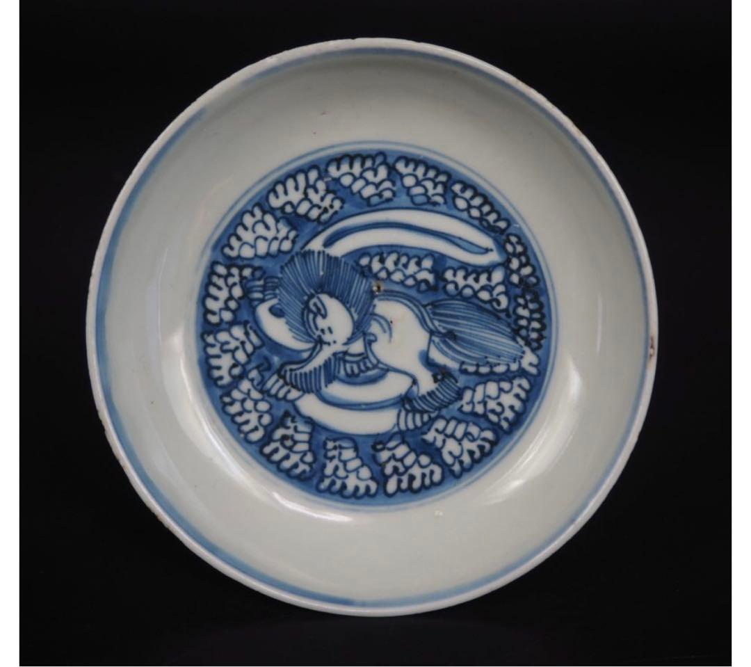 送料無料　明初期　永楽～宣徳年（1403～1435年）青華獅子文中皿５枚