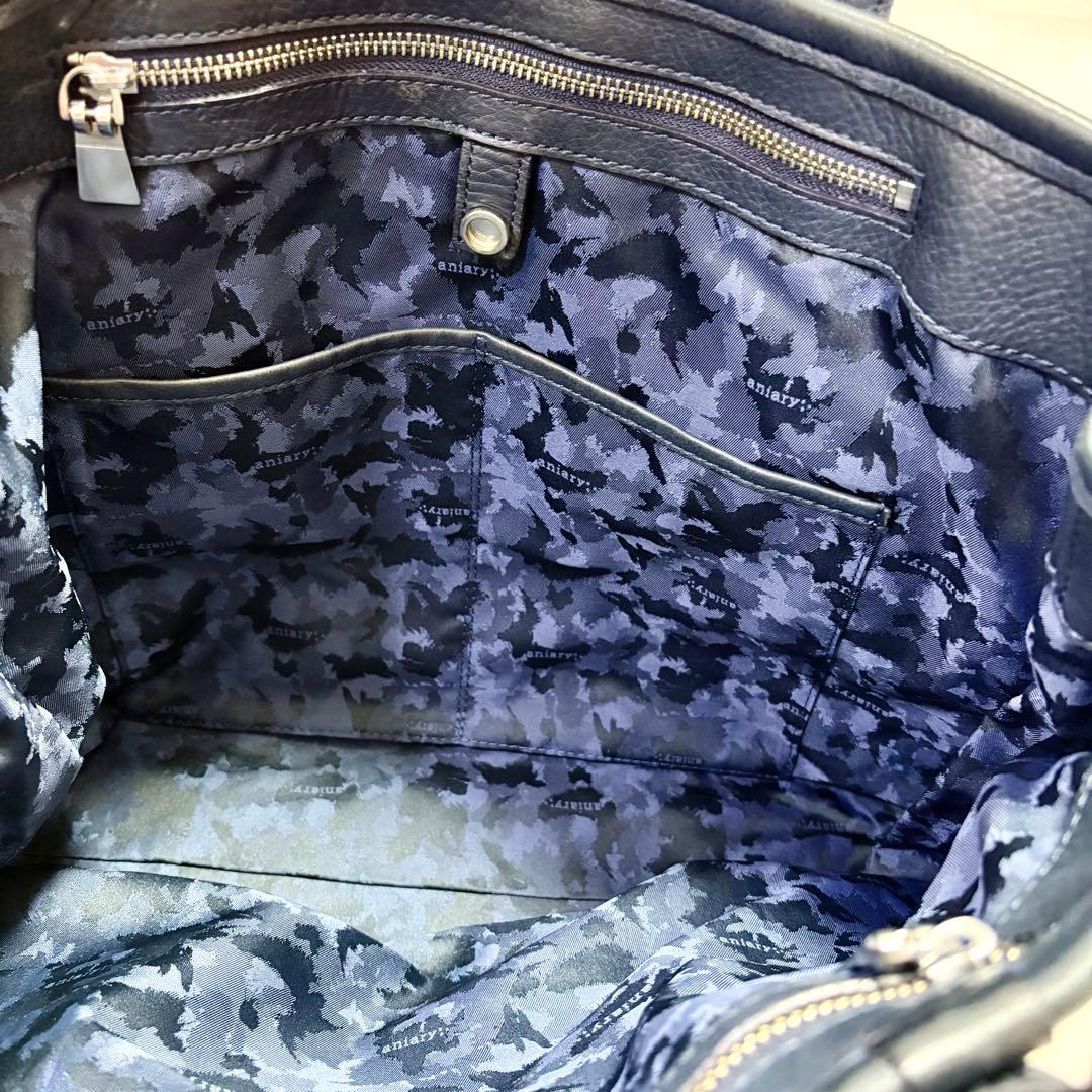 美品 aniary アニアリ トートバッグ シボ革 レザー ネイビー A4収納