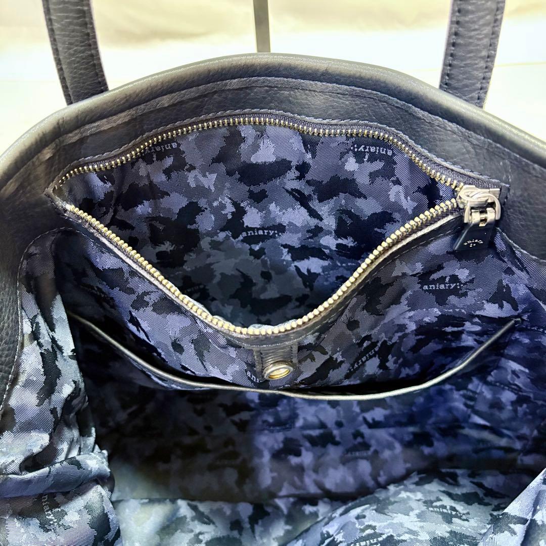 美品 aniary アニアリ トートバッグ シボ革 レザー ネイビー A4収納