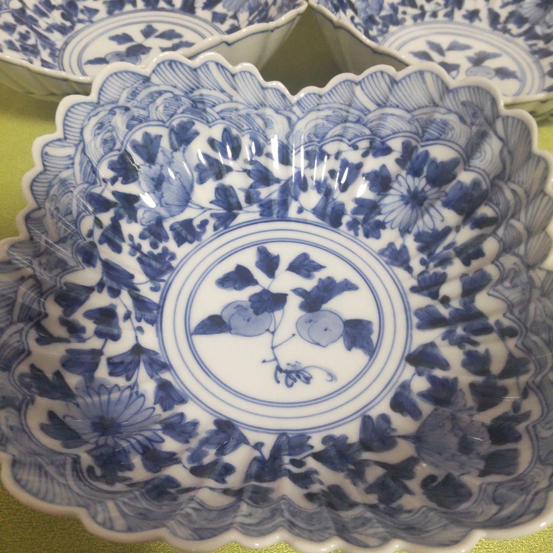 山本長左 九谷焼 向付 波文 唐草 鉢 5枚 箱付