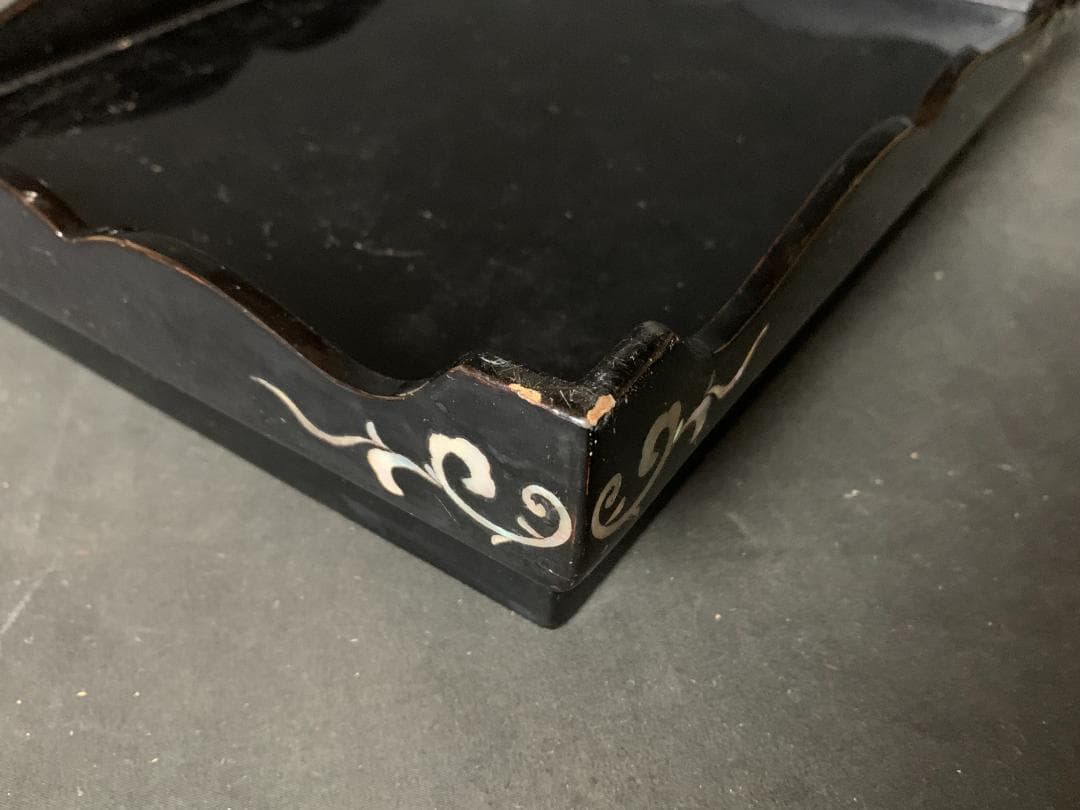 青貝 螺鈿細工 橋風景図 木製 黒塗 文庫 硯箱 書道具 866