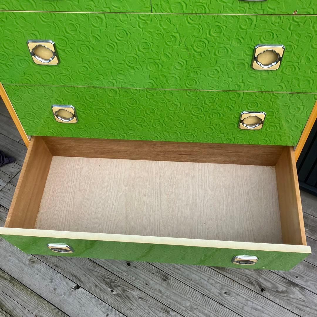 昭和レトロ 薔薇柄 花柄 木製チェスト 6段7杯 タンス 古家具 ビンテージ 緑