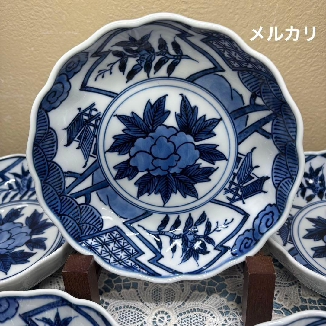 源右衛門窯　染付牡丹見込　吉祥　祥瑞　鉢　向付　5客1セット