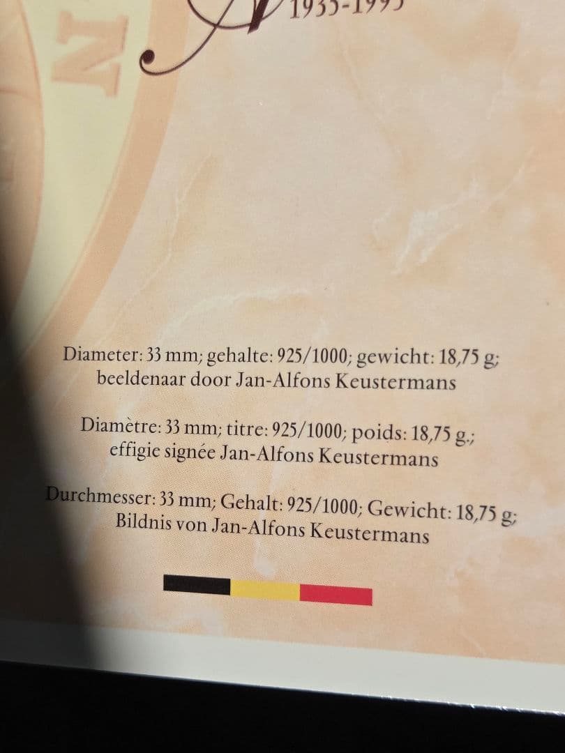 (稀少プルーフ)ベルギー王国　アストリッド女王　逝去60周年記念銀貨　1995