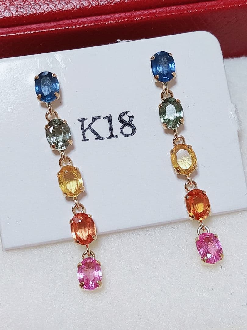新作 未使用品 k18 天然カラフルサファイア ロング ピアス