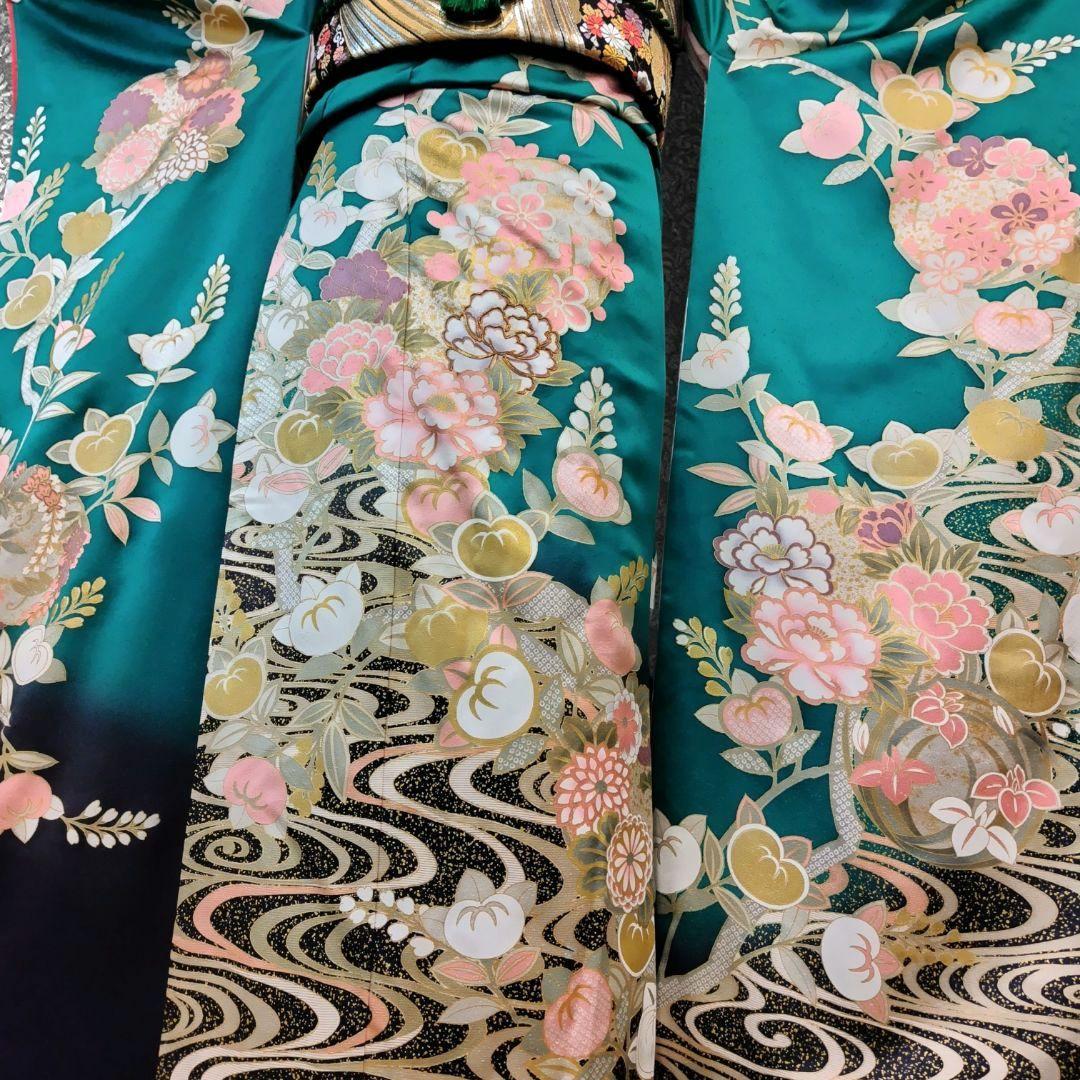 振袖フルセット(7点)・古典柄・金駒刺繍・金彩加工・鹿の子柄・正絹