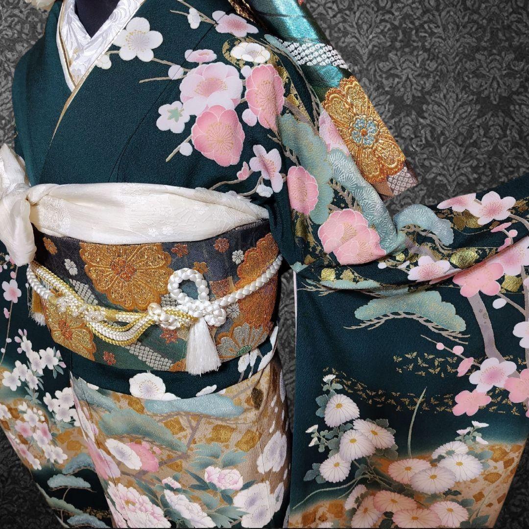 振袖フルセット(7点)・古典柄・金駒刺繍・金彩加工・鹿の子柄・正絹