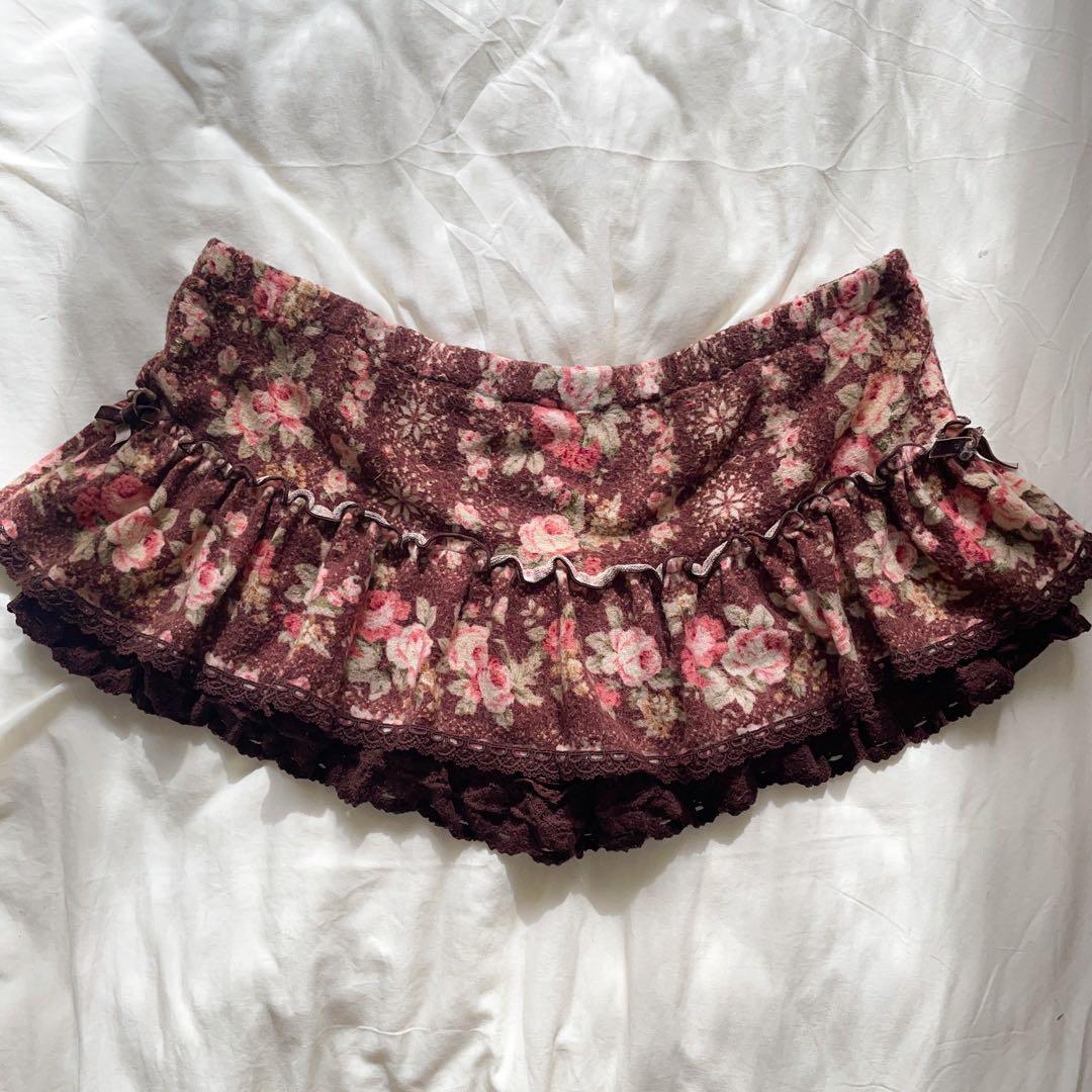 00s 希少 LIZLISA 起毛ブラウンローズリボン 裾フリルスカパン
