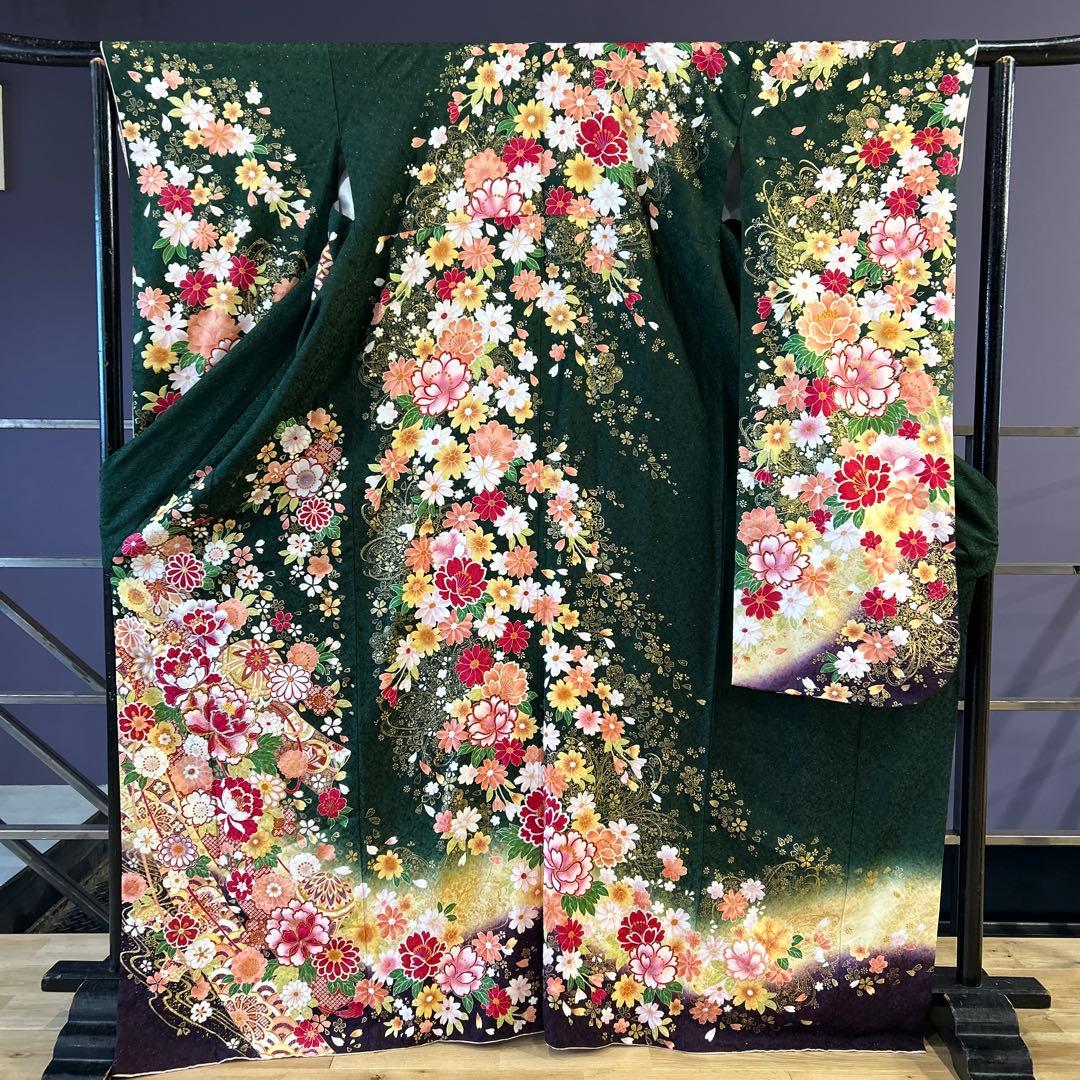 《美品》振袖　単品 No.366 深緑　中振袖155〜165cm