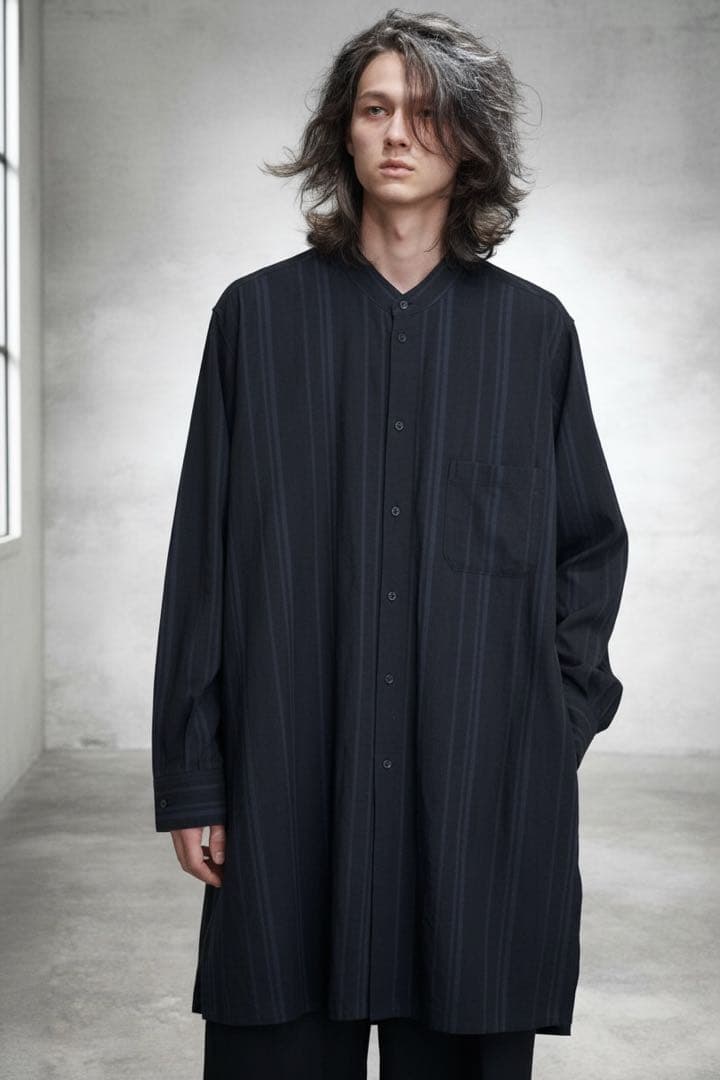 S'YTE Yohji Yamamoto不規則ストライプ柄ロングノーカラーシャツ