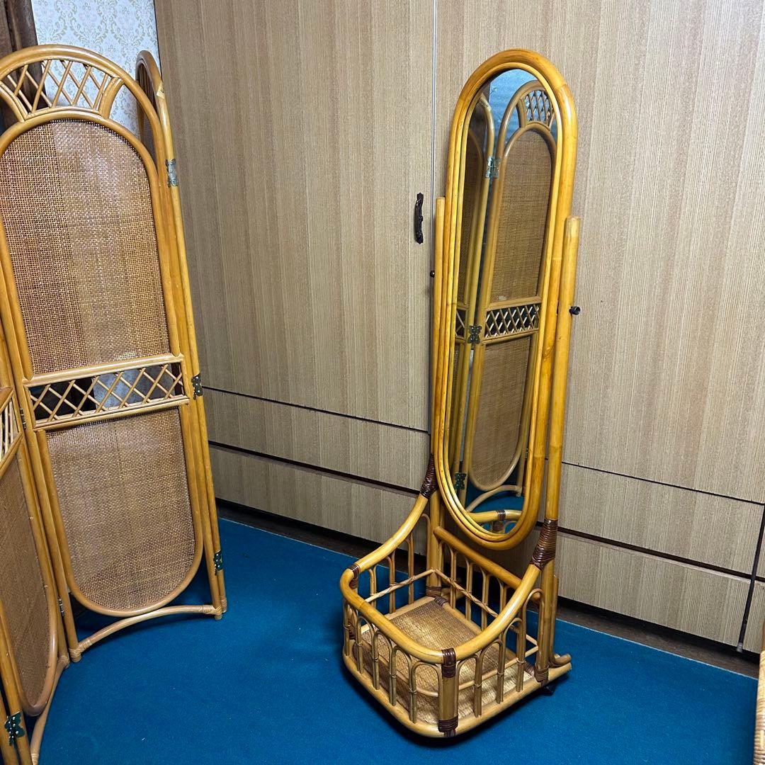 ラタン　籐　スタンドミラー