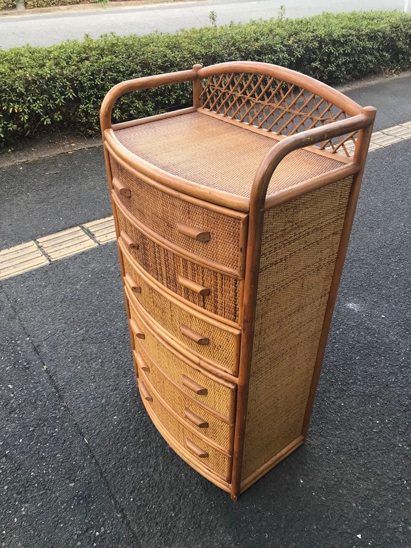 ラタン製　カーブ型チェスト 6杯　引き出し　藤　レトロ　アンティーク　古道具