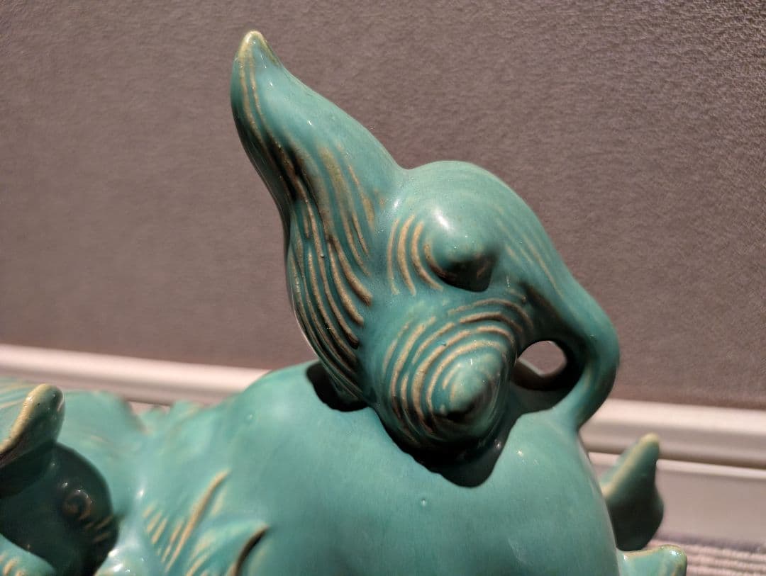 青磁のシーサー 一対 置物 魔除け 守り神 獅子 沖縄 骨董 雑貨 アンティーク