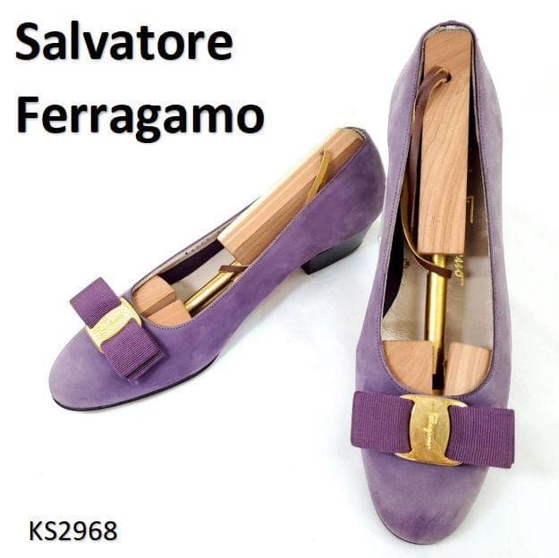 サルヴァトーレフェラガモ　新品　ヴァラ　リボン　スエード　パープル　US5.5