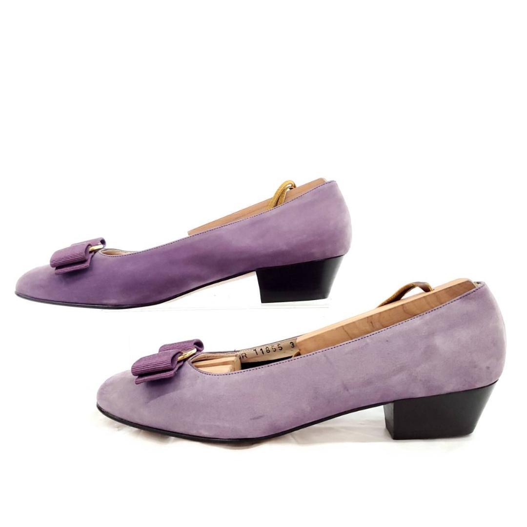 サルヴァトーレフェラガモ　新品　ヴァラ　リボン　スエード　パープル　US5.5