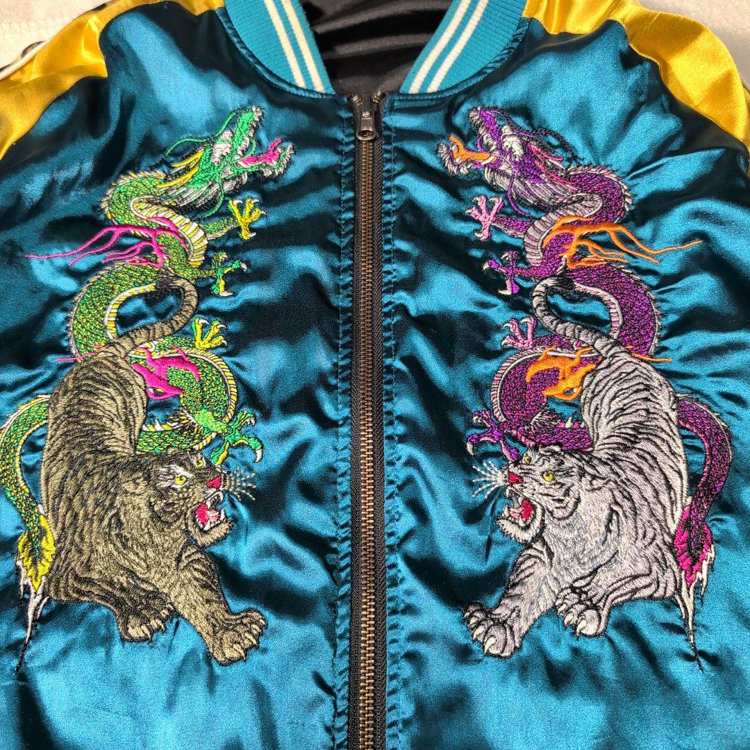 GALFY スカジャン リバーシブル 黒 ターコイズ 刺繍 L