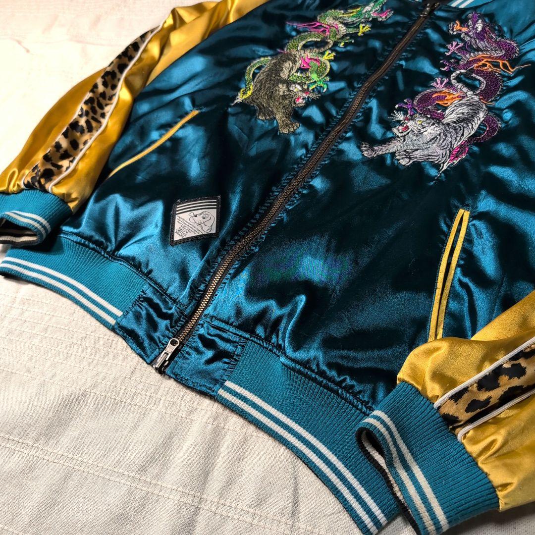 GALFY スカジャン リバーシブル 黒 ターコイズ 刺繍 L