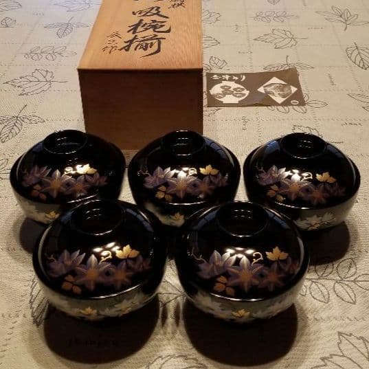 会津塗り　御椀揃　御殿吸椀　辰三作　黒　鉄仙花　10客