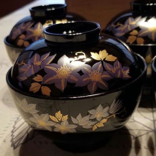 会津塗り　御椀揃　御殿吸椀　辰三作　黒　鉄仙花　10客