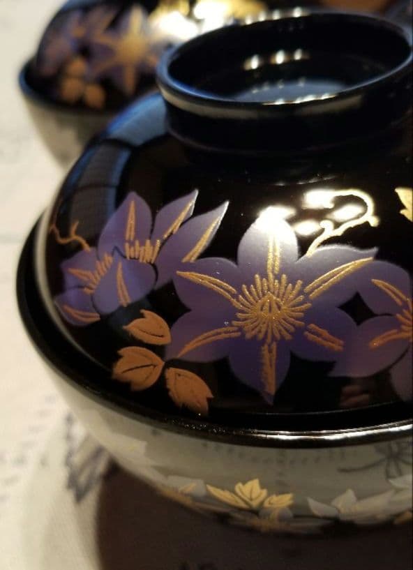 会津塗り　御椀揃　御殿吸椀　辰三作　黒　鉄仙花　10客