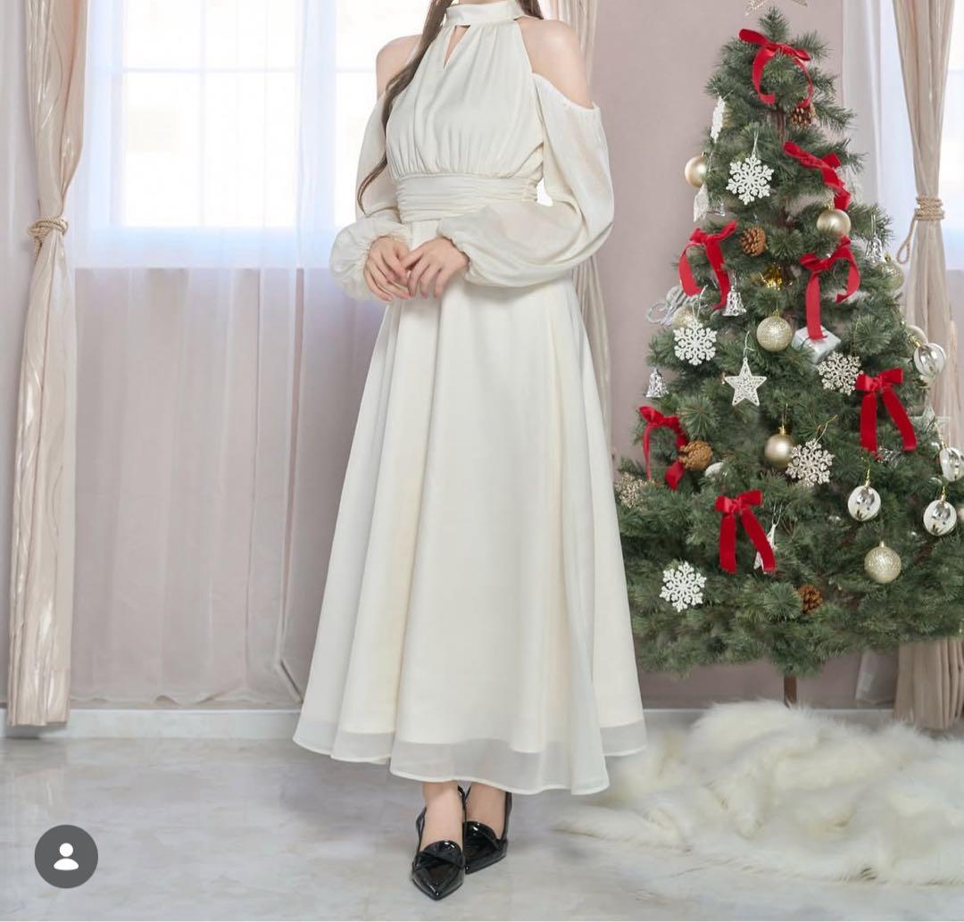 Open shoulder chiffon dress ロゼミュ　ワンピース