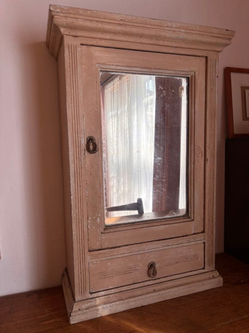 フランス　ブロカント　木製キャビネット 鏡付き　アンティーク