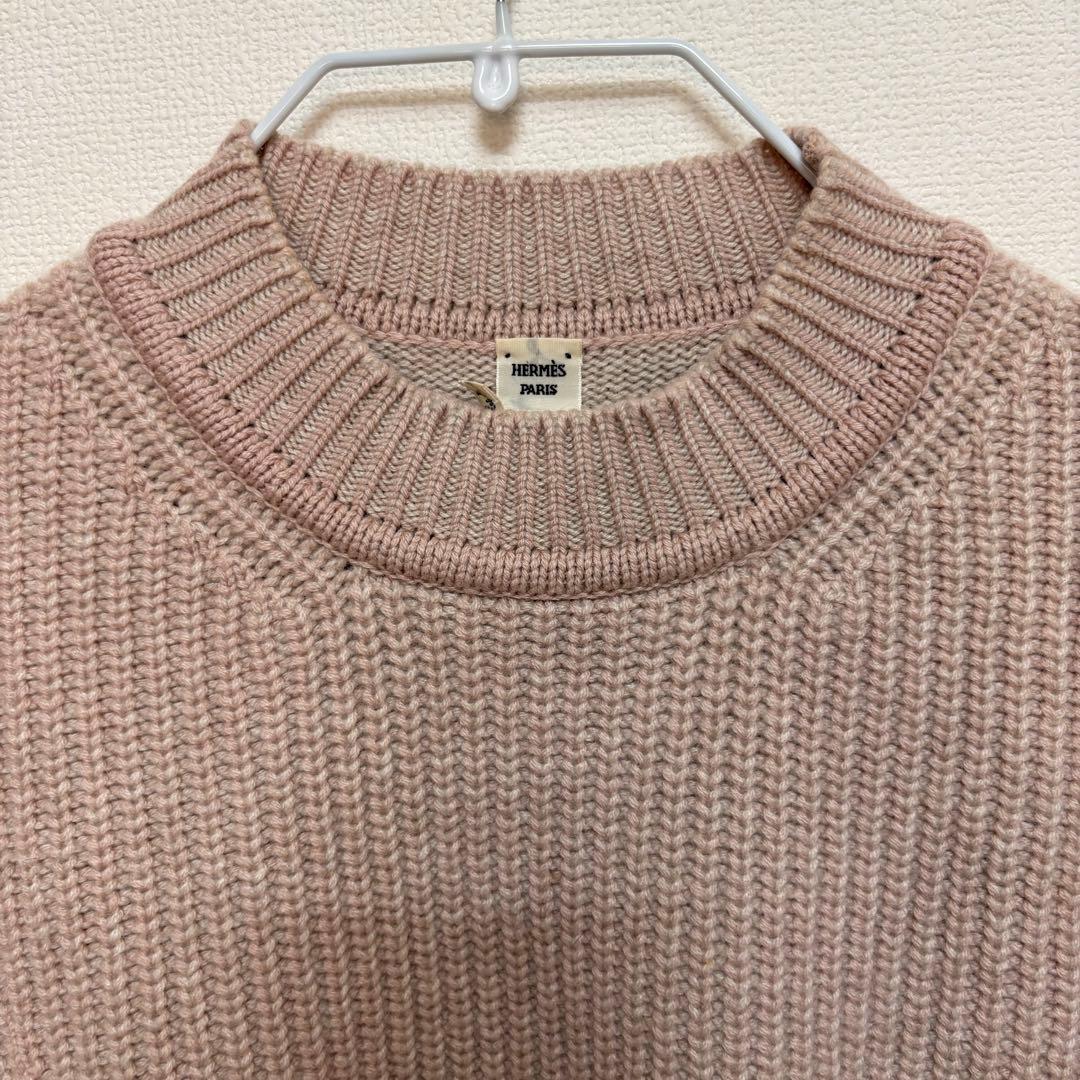 【HERMES】カシミヤ100% クルーネックニット ピンクベージュ 長袖 34