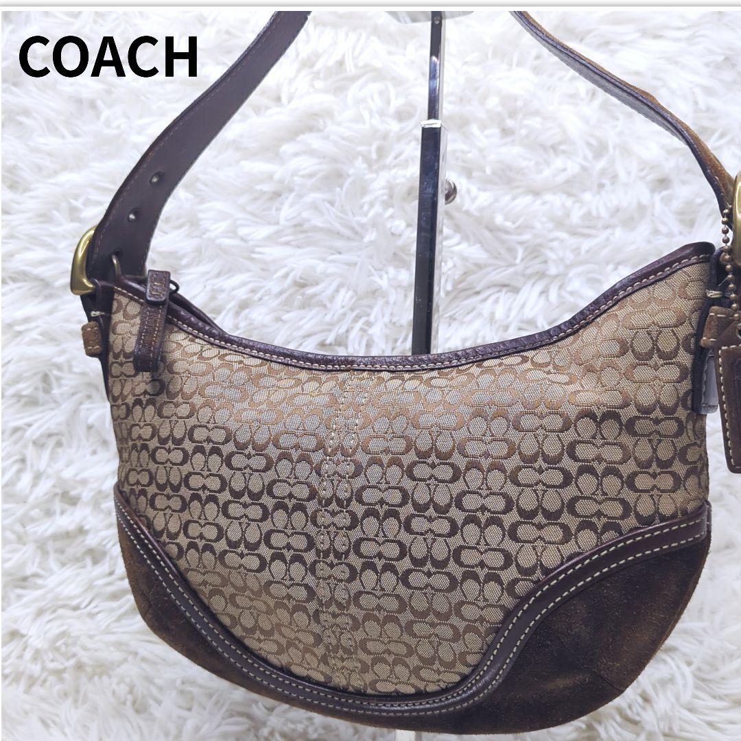 良品✨コーチ アクセサリーポーチ キャンバス スエード 茶 シグネチャー6351