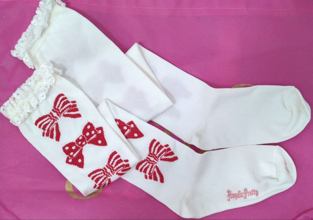 Angelic Pretty ポップリボンオーバーニー　シロ×アカラメ×シロ