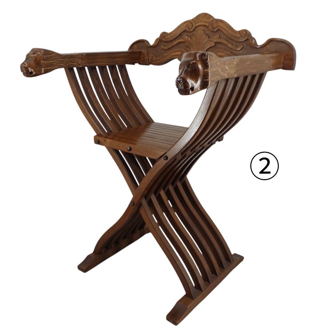 送料込み②アンティーク【ライオン頭部装飾の木製折りたたみ椅子】ヴィンテージ