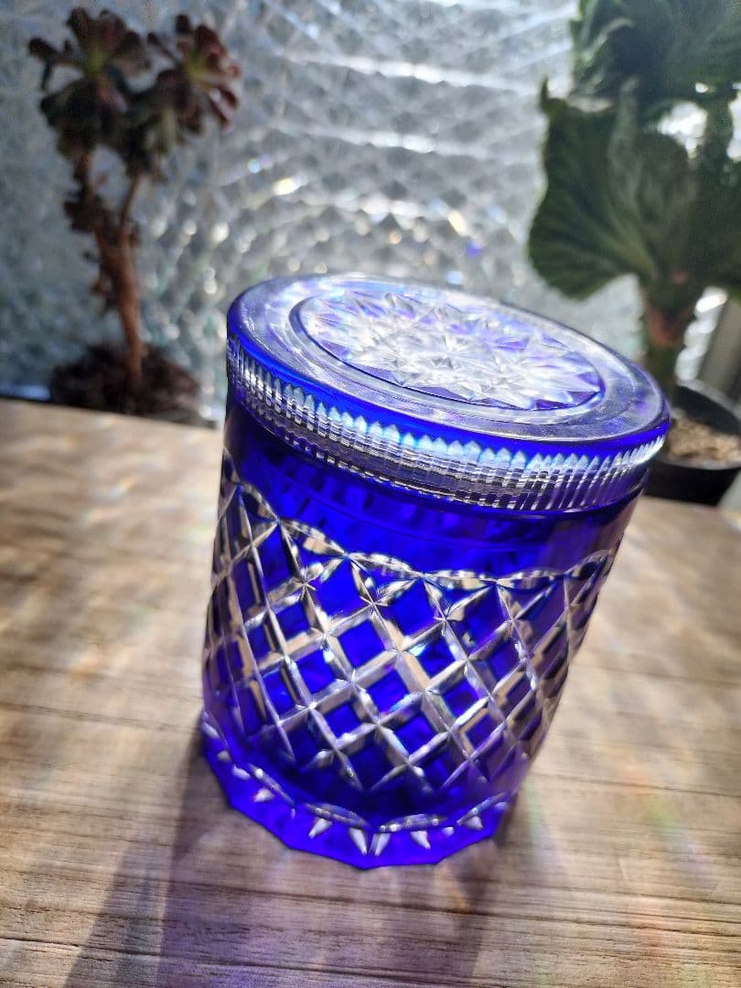 40年前昭和レトロ☆江戸切子　蓋付きコットン綿棒ケース　キャンディー等にも☆