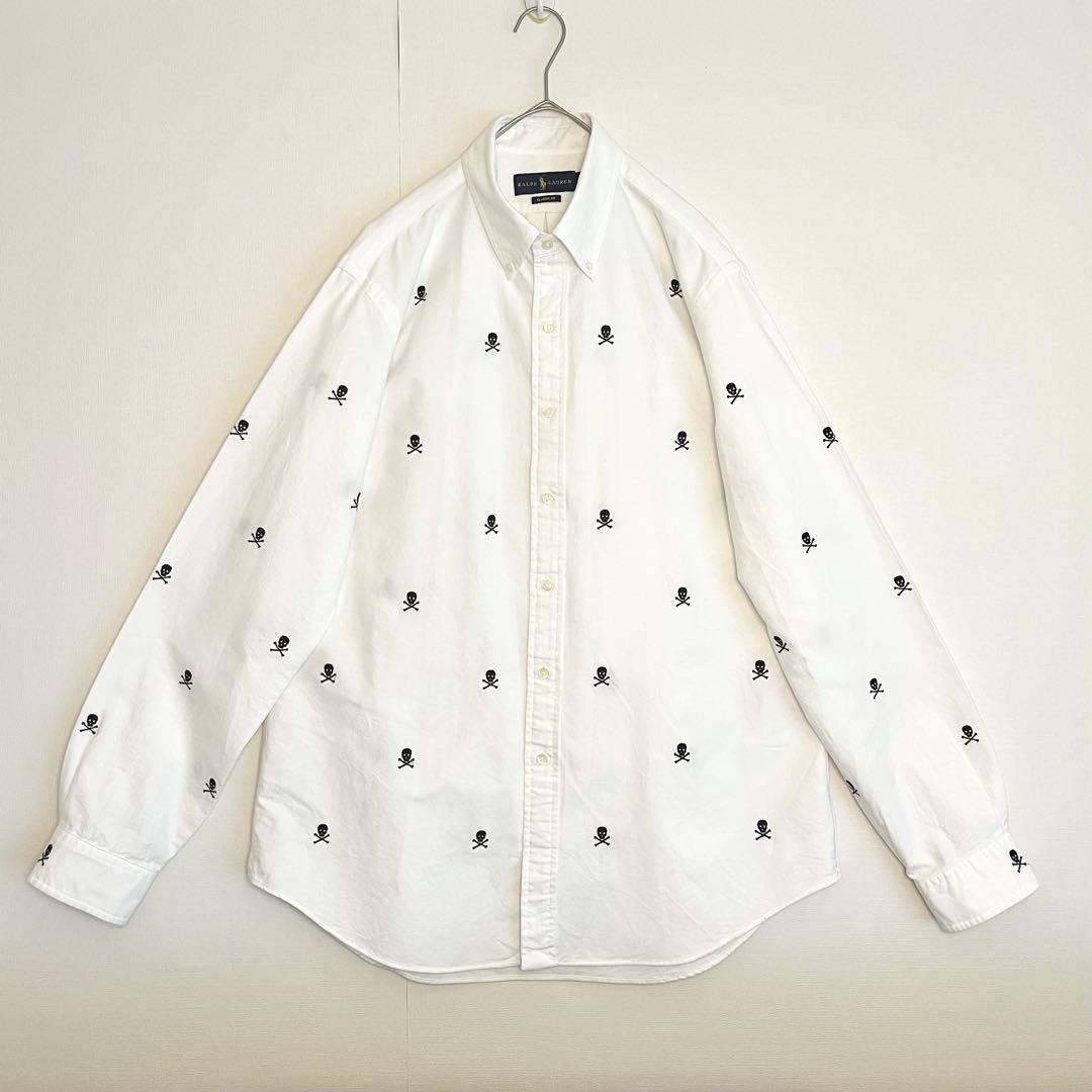 【超レア★未使用に近い】ラルフローレンスカル刺繍ボタンダウンシャツ★ホワイト白L