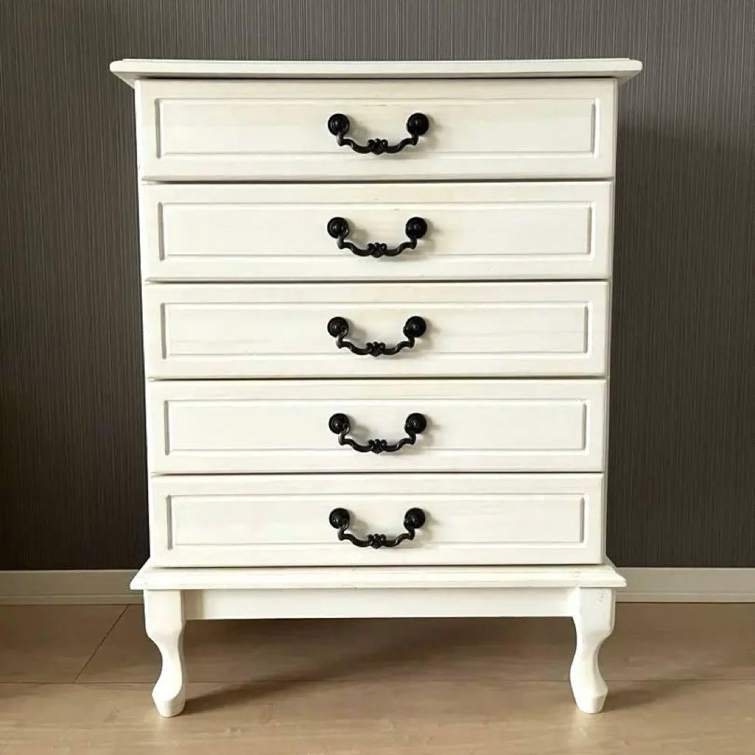 【ビーカンパニー】アンティーク調 5段チェスト（白）